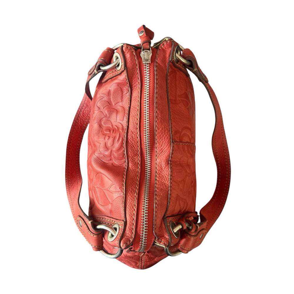 Fossil Shoulder Bag Coral Embossed Floral Double Handle Tortoise Key Charm EUC - Picture 9 of 16